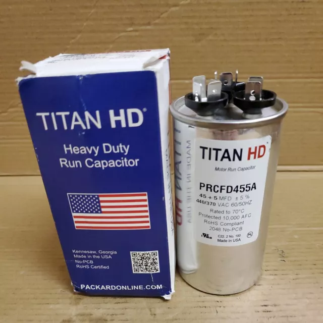 Titan HD Round Run Capacitor PRCFD455A 45/5 440-370V Made In USA
