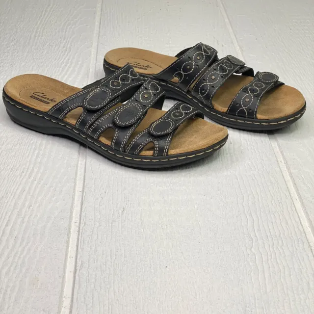 Clarks Leisa Cacti Q Black Leather Slide Sandals Sz 8 Adjustable Comfort Casual