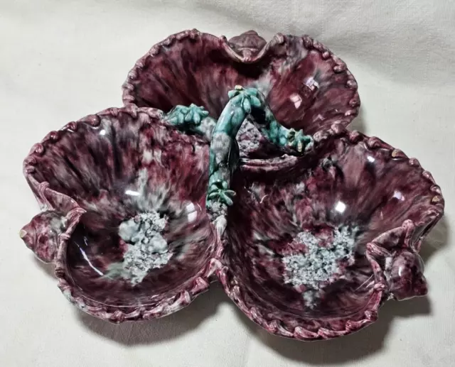 Vintage Dulane Italian Pottery Majolica Hand Molded 3-Divided Nut Candy Dish