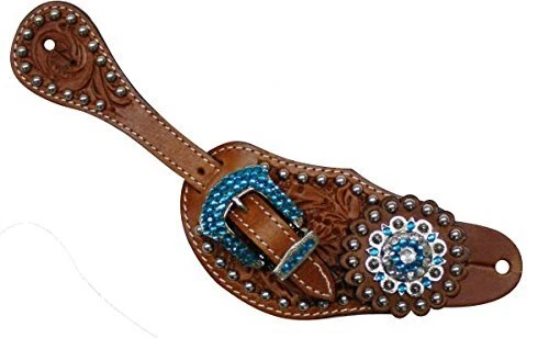 Showman Ladies Tooled Leather Spur Straps w/ Blue Rhinestone Hardware & Conchos