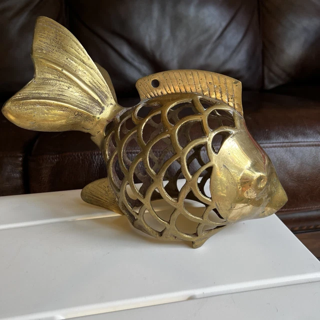VINTAGE 9” HEAVY Brass Koi Fish Lantern Patina Asian Decor Candle
