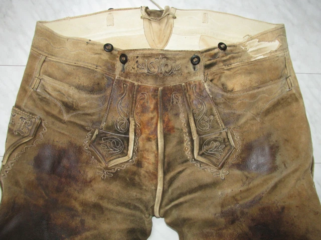 Alte Kniebund Hirschlederhose Größe 58 60 braun weiß Handbestickt super Patina