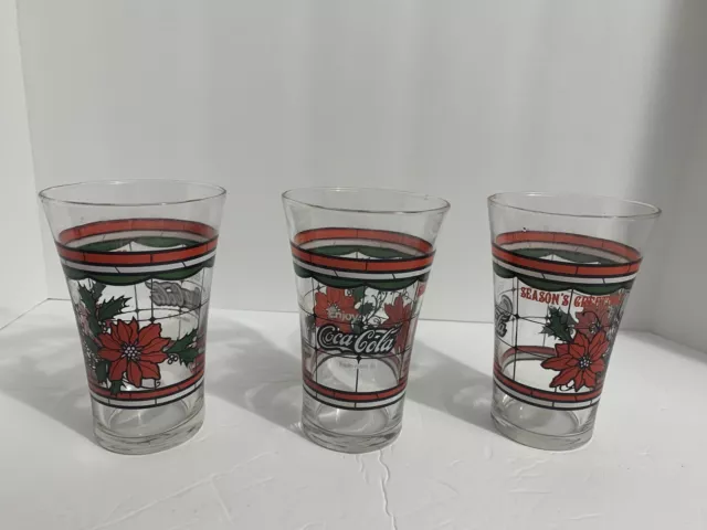 Set of 3 Coca Cola Poinsettia drinking Glass Stain glass Season’s Greetings