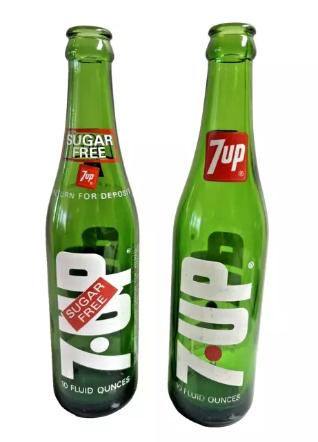 Vintage 7up 10o Green Glass Soda Bottles Set of 2 Sugar Free/Reg 1970s