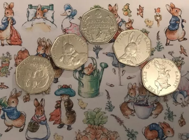 Peter Rabbit 50p pence coins set of FIVE UNC Beatrix Potter coins Collector gift