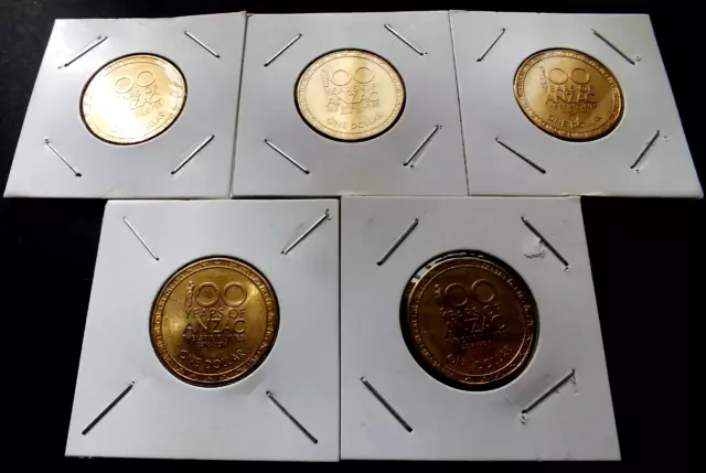 Australian: 2014 - 2018  $1 100 Years Of Anzac 5 Unc Coins Set In 2X2 Holders.