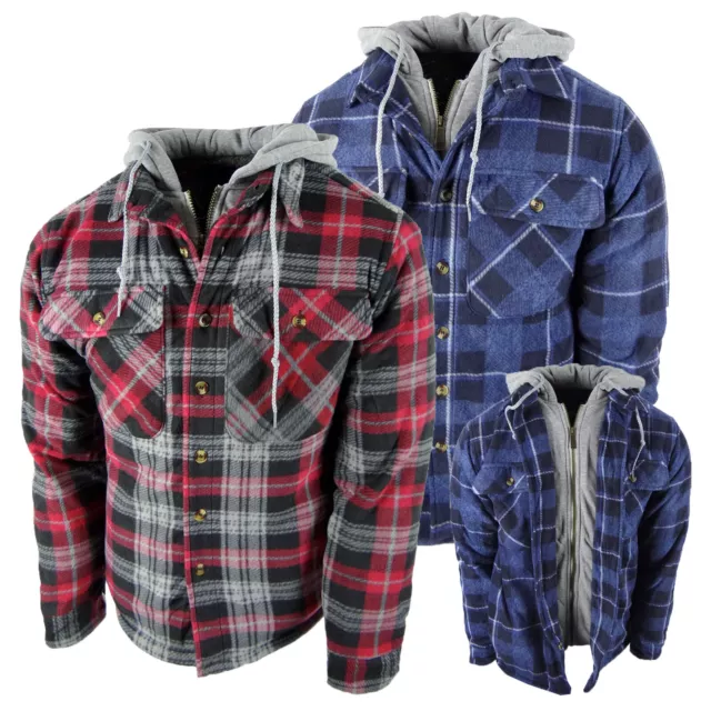 Plaid Flannel Shirt Hoodie Mens Soft Sherpa Lined Fuzzy Fleece Zip-Up 4 Pocket b