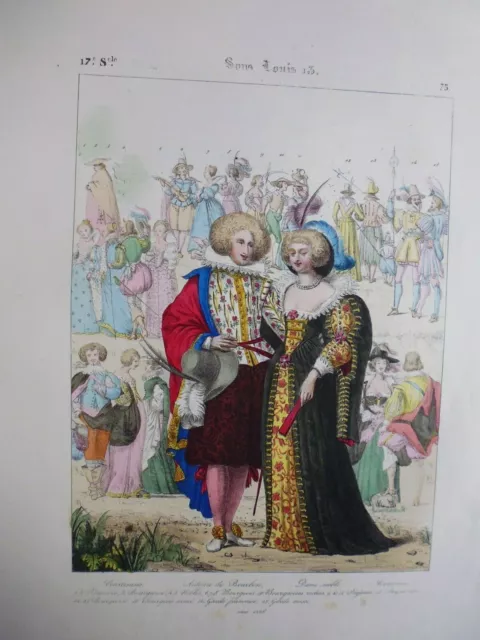 Gravure 19° histoire Mode:costume sous Louis XIII:Courtisans,Antoine de Bourbon.