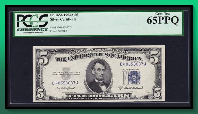 Fr. 1656 1953A $5 Silver Certificate PCGS 65 PPQ GEM UNC