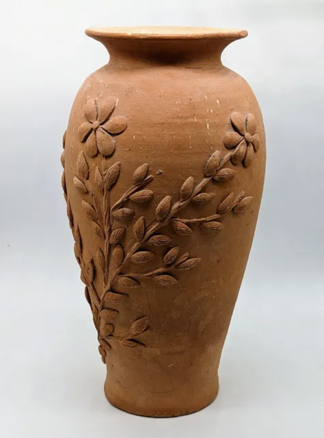 Hand Made Malta Studio Pottery Terracotta Vase With Applied Floral Decoration