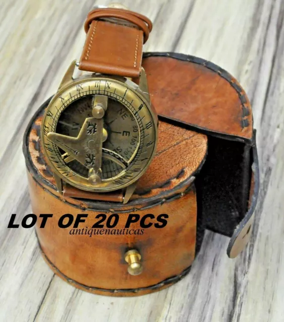 Nautisch Sonnenuhr Kompass Uhr Messing Handgelenk Mit Leder Kiste Set 20 Einheit