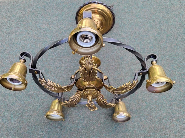 Vintage Empire Style Brass & Iron Chandelier 5 Light Fixture W Acanthus Leaves Vintage Empire Style Brass & Iron Chandelier 5 Light Fixture W Acanthus Leaves