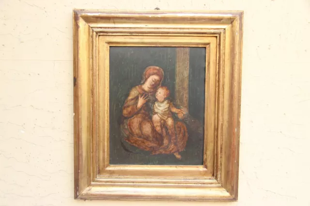 Antico Quadro Dipinto Olio Su Rame Madonna Con Bambino Cornice In Legno Dorata