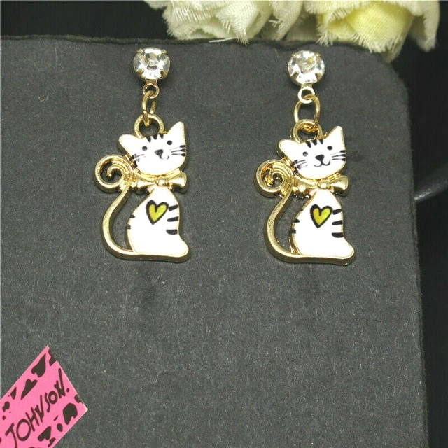 White Enamel Cute Bow Love Cat Crystal Betsey Johnson Women Stud Earrings