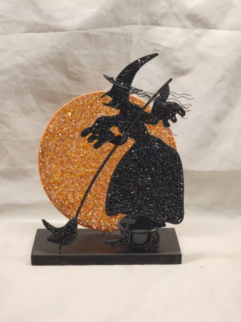 Halloween silhouette candle holder Witch Full Moon Orange Tea Lights Votive