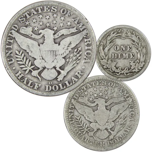 Barber Type Silver Coin 3-piece Set Dime Quarter Half Dollar Very Good 2
