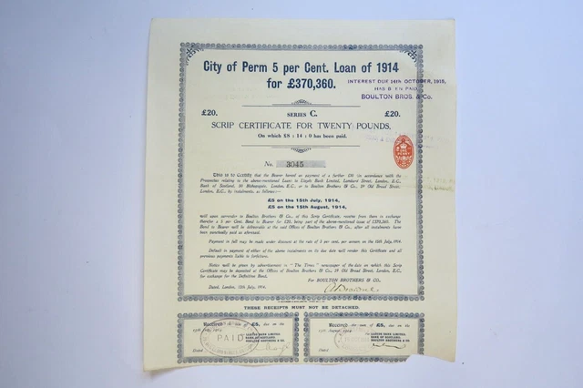 Russian Bond  Emprunt De La Ville De Perm £20 Sterling 5% 1914 + Coupons