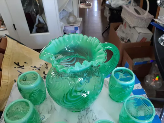 Antique Fenton Green URANIUM Drapery Opalescent Pitcher Set STUNNING OLD, GLOWS!