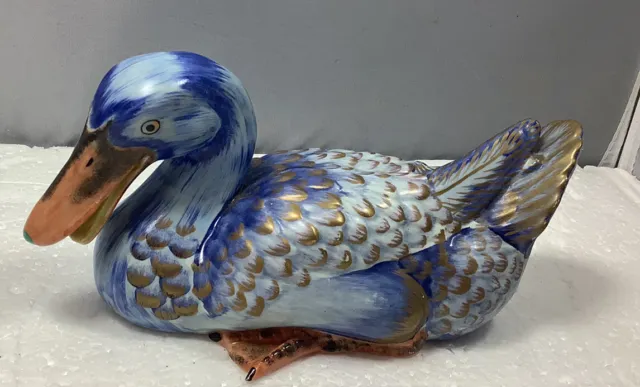 Vintage Paul Hanson Hand-Painted Italian Pottery Ceramic Blue Duck Figurine 7”