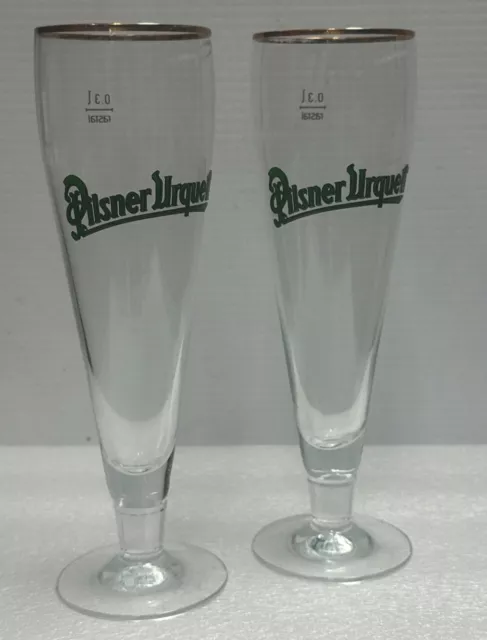 Set Of 2 Vintage Pilsner Urquell Tall Swirled Glass Beer Glasses w/ Gold Rim 10”