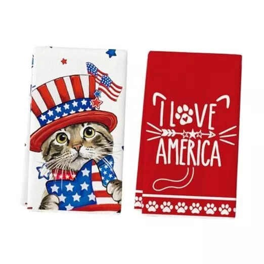 Red Cat Stars I Love America Patriotic 4th of July Kitchen Towels Dish