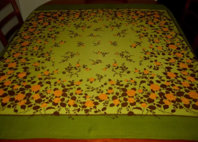 Vintage Tablecloth ~ Bright Orange/Yellow Flowers On Green ~ Rayon ~ Square