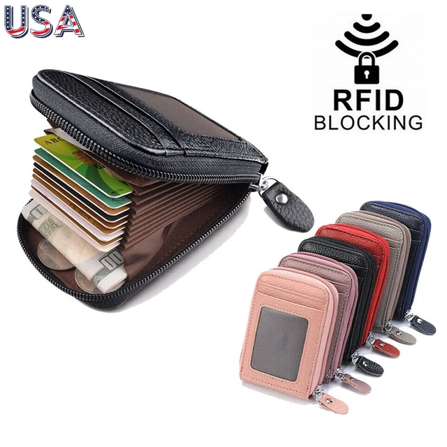 Genuine Leather Men Wallet Credit Card Holder RFID Blocking Zipper Thin Pocket