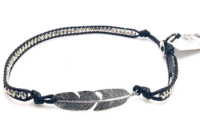 Silvertone Black Woven Leather Choker Necklace World Market Feather Charm New