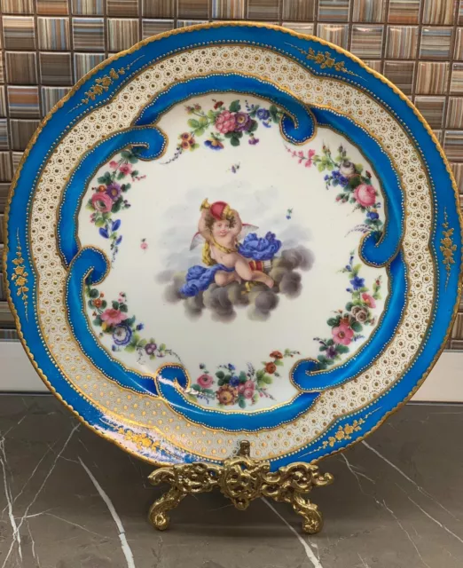 Antique Sevres French porcelain plate, 24.5 cm, Cherub, hand painted, gilded