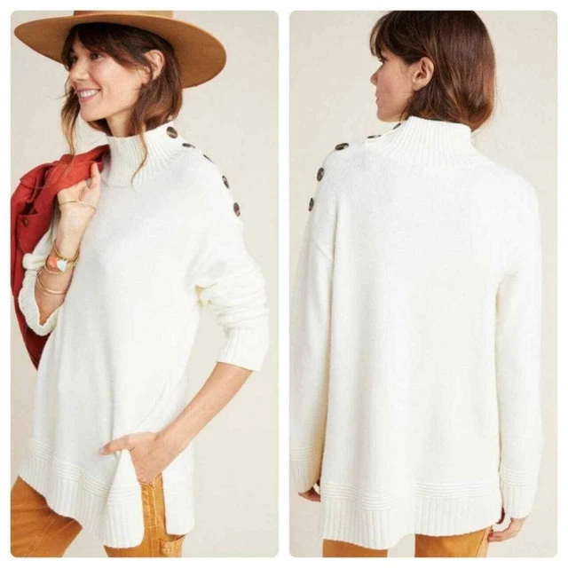 BY ANTHROPOLOGIE Women's Button Shoulder Turtleneck Knit Sweater Ivory Boho M