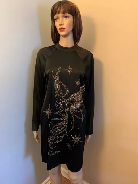 H&M 8 M Black Satin Bead Embellished Bird of Paradise Stars SHIFT DRESS V Back