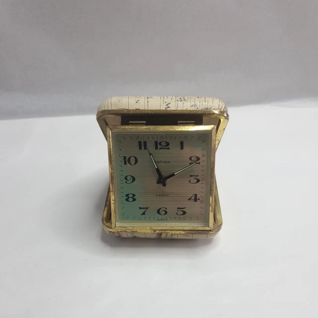 VINTAGE FOLDING TRAVEL alarm clock Estyma Germany, Map cover ( not