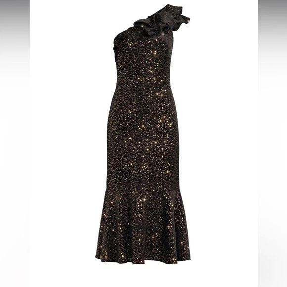 Shoshanna Evadene One Ruffle Black Gold Sequin Prom Cocktail Shoulder Dress sz 6