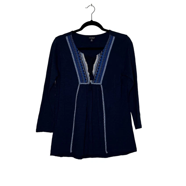 Lucky Brand Womens Blue Embroidered Lace Up Top Size Medium 3/4 Sleeves Boho