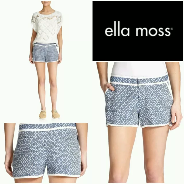 $148 Ella Moss Debbie Blue Embroidered Contrast Trim Casual Shorts ~ 8 M3020