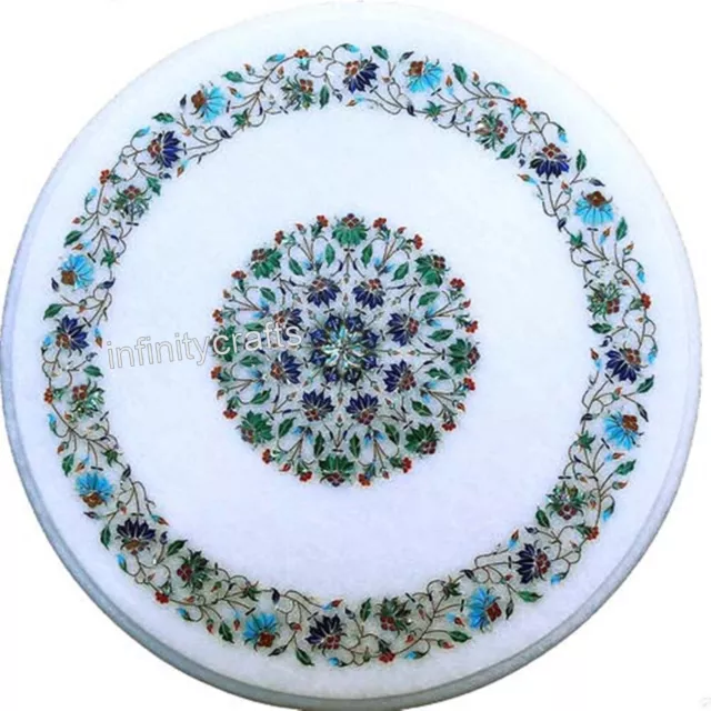 Round Marble Coffee Table Top Semi Precious Gemstone Inlay Work Hotel Side Table