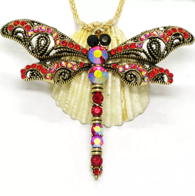Hot Fashion Lady Pink Enamel Retro Dragonfly Crystal Pendant Women Necklace