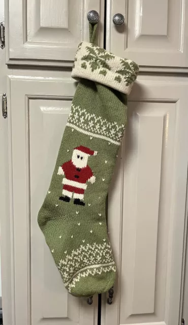 Pottery Barn Kids Vintage Christmas Stocking Sage Green Cream Santa Knitted NEW