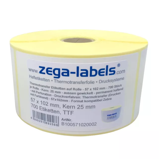 Thermotransfer Etiketten Rolle - 57 x 102 mm - 700 Stück Kern25 mm Zebra GK420T