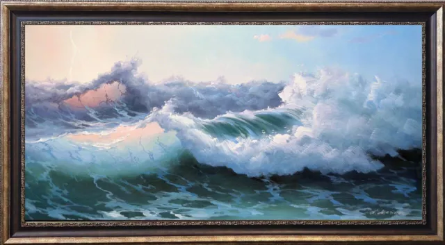 Extra large seascape "Ocean waves after storm" listed artist oil painting