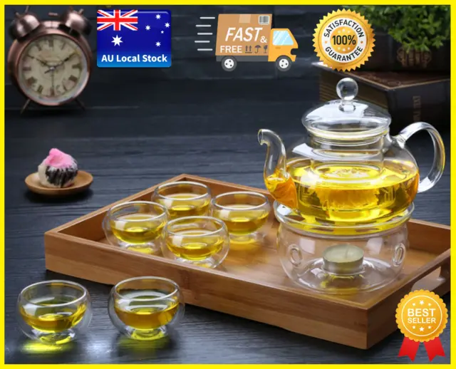 8 Piece Glass Tea Set 400ml Glass Teapot With Infuser + Teapot Warmer + 6 Cups