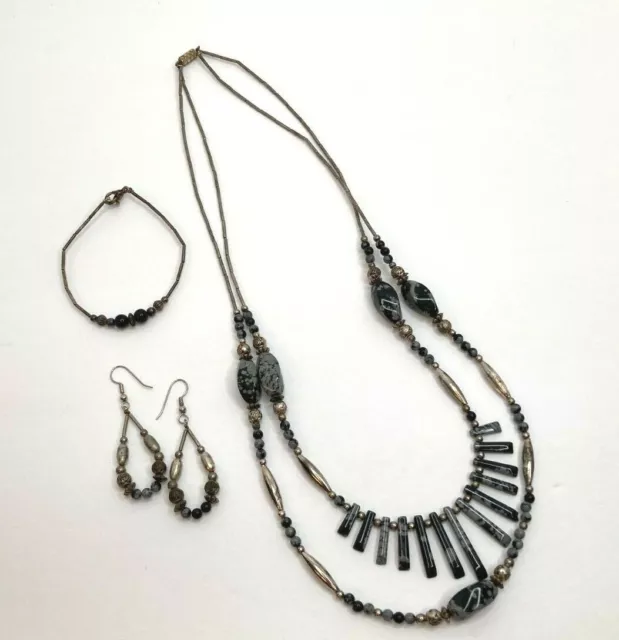 Vintage Jewelry Set Necklace Bracelet Earrings Pierced Stone Women's Gift