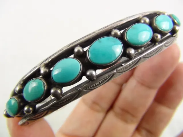 28g 6-5/8" Native Stamped Sterling Silver 7 Turquoise Cuff Bracelet Navajo