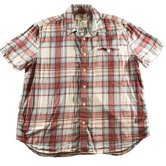 Lucky Brand Mens XL Short Sleeve Button Up Red White Blue Front Pocket Plaid