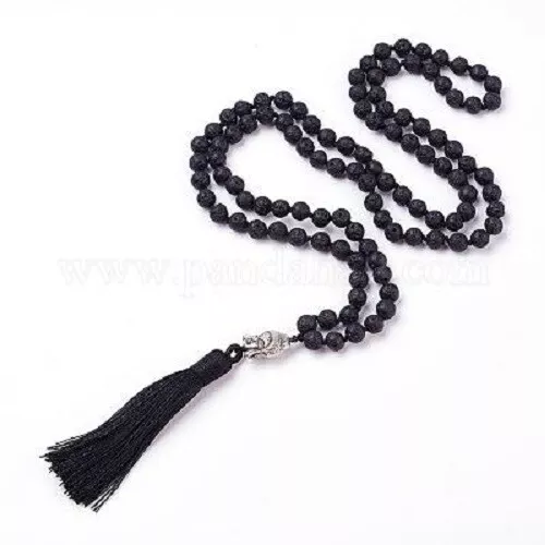 Halskette Lava Mala 108 Perlen schwarz Buddha Quaste Anhänger