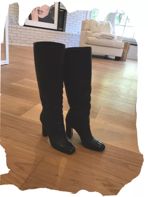 CHANEL LEATHER PATENT Cap Toe Knee High boots sz 37 $1450 Retail