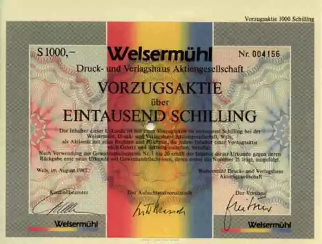 Welsermühl  Druck Verlagshaus Wels Linz Österreich 1987 Vorzugsaktie 1000 ÖS