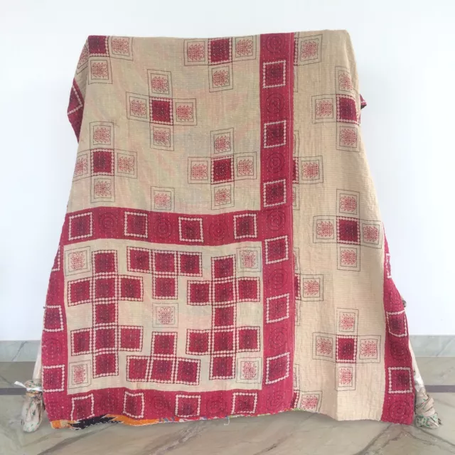 Indian Handmade Vintage Kantha Quilt Reversible Bedspread Single Cotton Coverlet