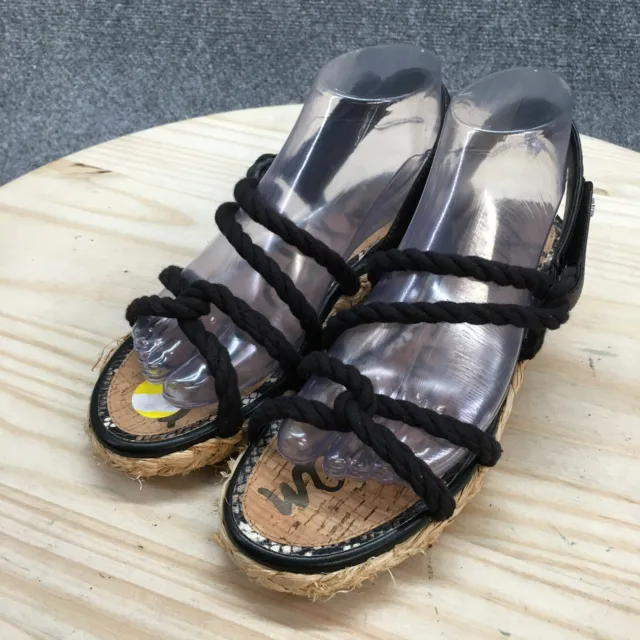 Sam Edelman Sandals Womens 8M Cristan Espadrilles Black Leather Open Toe Braided 3