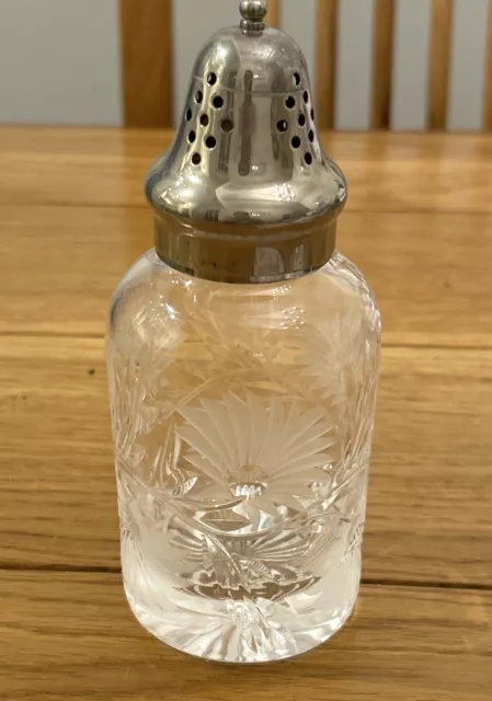 Vintage Cut Glass & Silver Plate Sugar Shaker With Floral Design